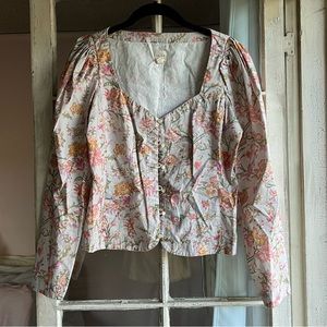 Rebecca Taylor La Vie Floral Sweetheart Neck Long Sleeve Button Down Blouse